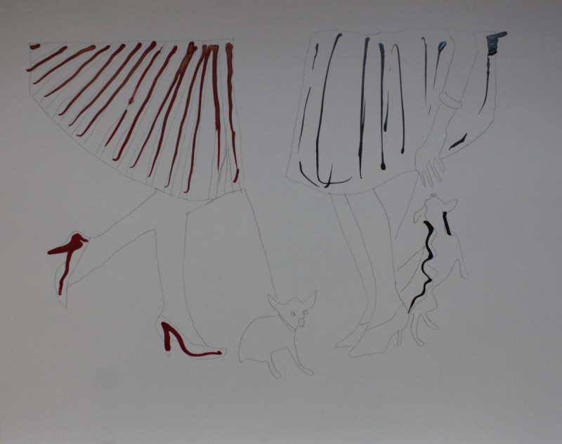 Ladies with Little Dogs, ink and graphite on card stock by Greg Yenoli